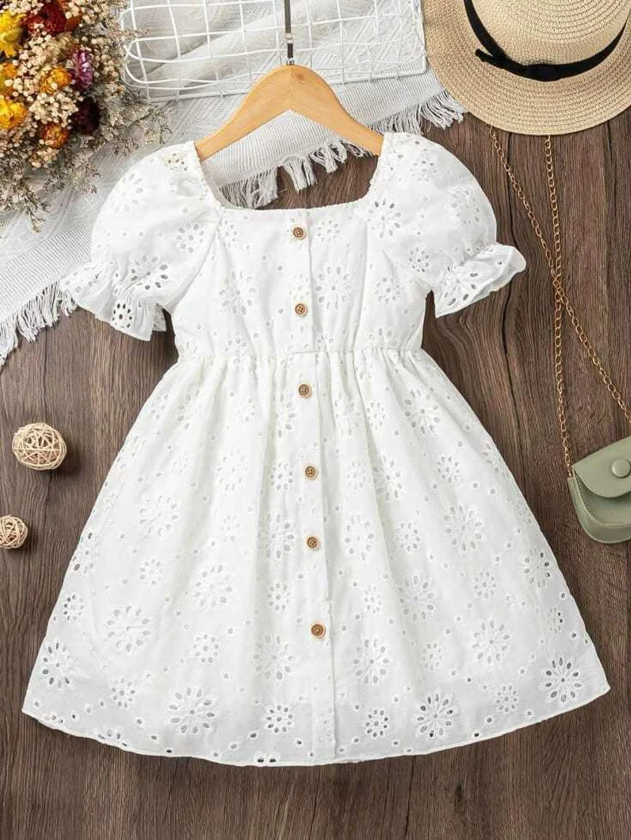 Girls White Eyelet Cotton Dress | Puff Sleeve Fit & Flare Casual Party Wear Frock