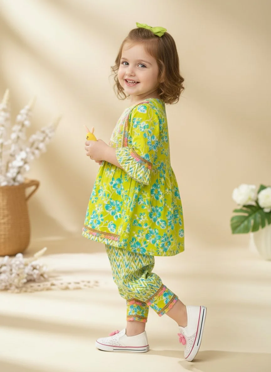 Kids Girl Yellow Floral Printed Frock and Patiala Set