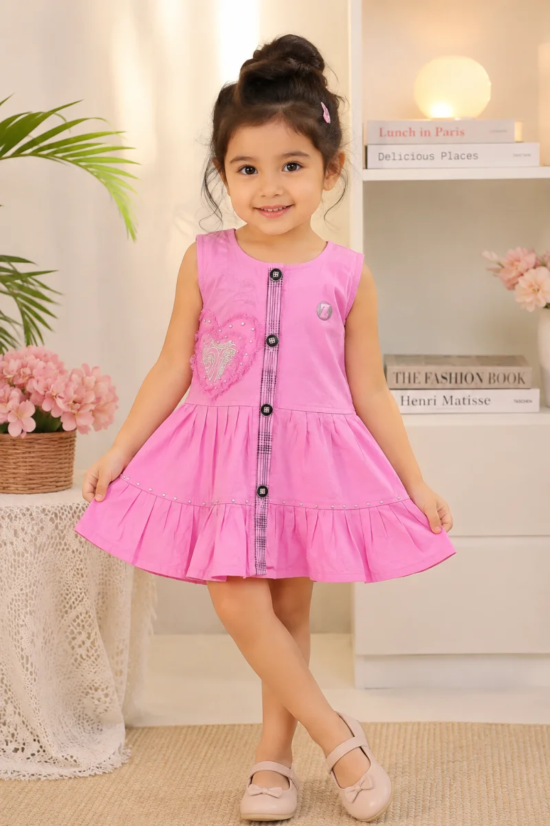 Girls Sleeveless Heart Embellished Cotton Dress