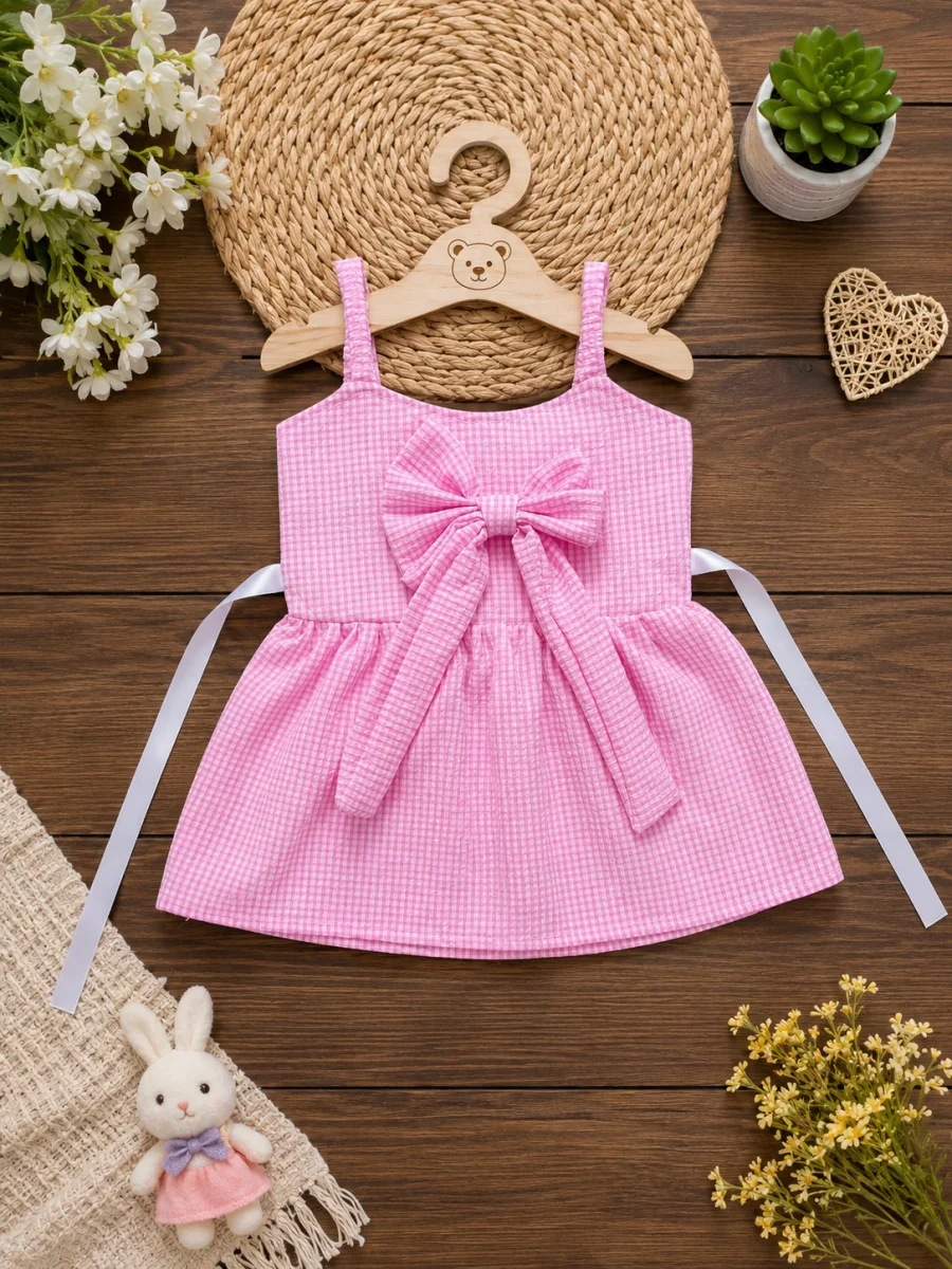 Girls Pink Gingham Bow Detail Poly-Cotton Dress
