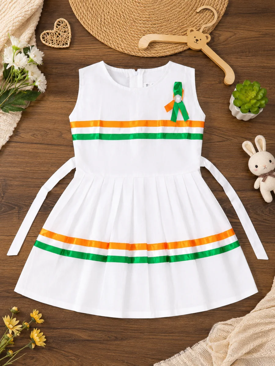 Girls White Tricolour Fit & Flare Frock | Sleeveless Independence Day Dress for Kids