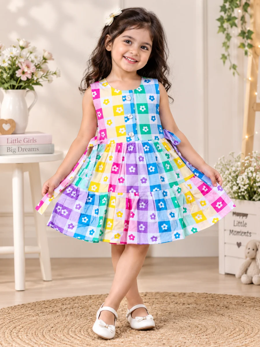 Girls Multicolor Fit & Flare Dress | Sleeveless Cotton Casual Party Wear Frock