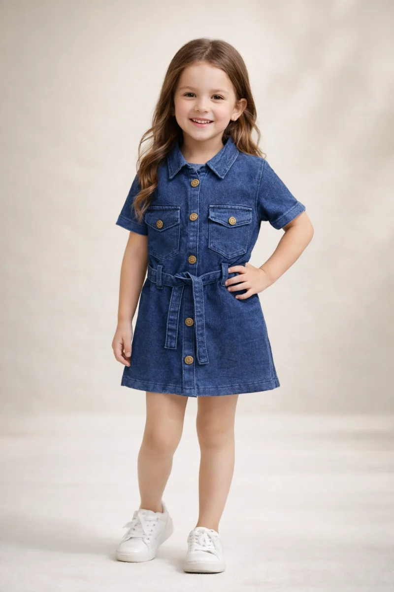Girls Blue Denim Shirt Dress | Collared Button-Down Casual Dress with Belt