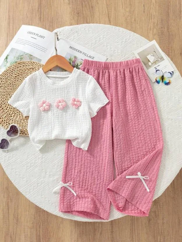 Girls Floral Applique Top & Wide Leg Pant Set | 2-Piece Casual Co-Ord Set
