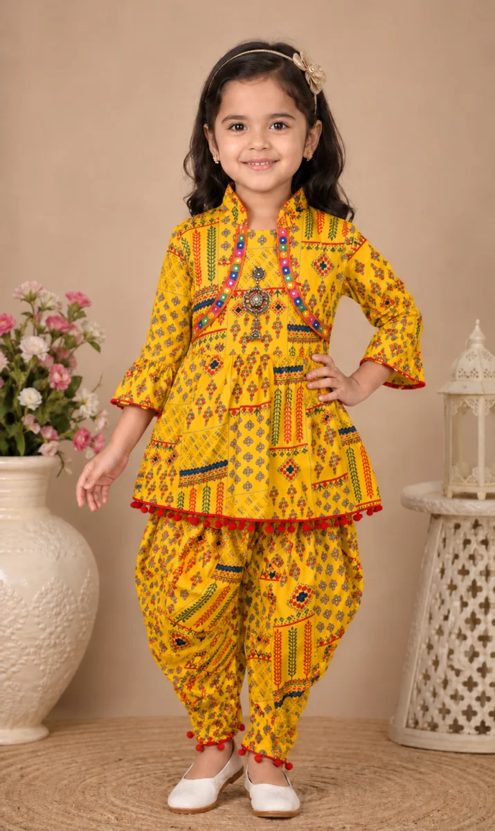 Girls Printed Top, Dhoti Pant & Jacket Set | 3-Piece Ethnic Co-Ord Set for Kids