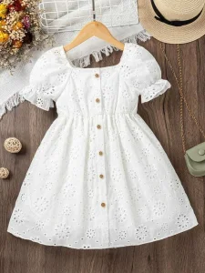 Girls White Eyelet Cotton Dress | Puff Sleeve Fit & Flare Casual Party Wear Frock
