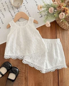 Girls White Eyelet Cotton Top & Shorts Set | 2-Piece Summer Co-Ord Outfit for Kids