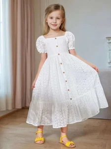 Girls White Eyelet Cotton Maxi Dress | Puff Sleeve Fit & Flare Party Wear Dress