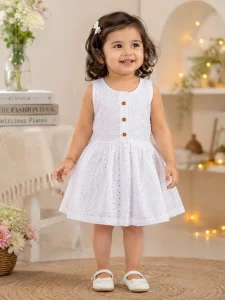 Girls White Eyelet Cotton Fit & Flare Dress | Sleeveless Casual Party Wear Frock
