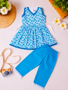 Girls Blue Floral Printed Sleeveless Cotton Co-Ord Set