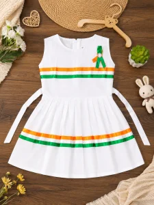 Girls White Tricolour Fit & Flare Frock | Sleeveless Independence Day Dress for Kids