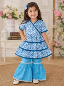 Girls Blue Floral Frock & Sharara Pant Set | 2-Piece Ethnic Wear for Kids