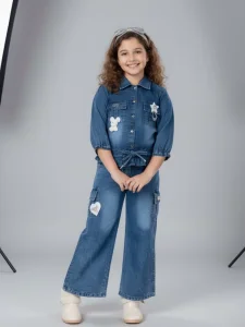 Girls Blue Denim Co-Ord Set | Denim Shirt & Wide Leg Cargo Jeans | 2-Piece Casual Outfit