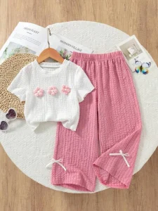 Girls Floral Applique Top & Wide Leg Pant Set | 2-Piece Casual Co-Ord Set